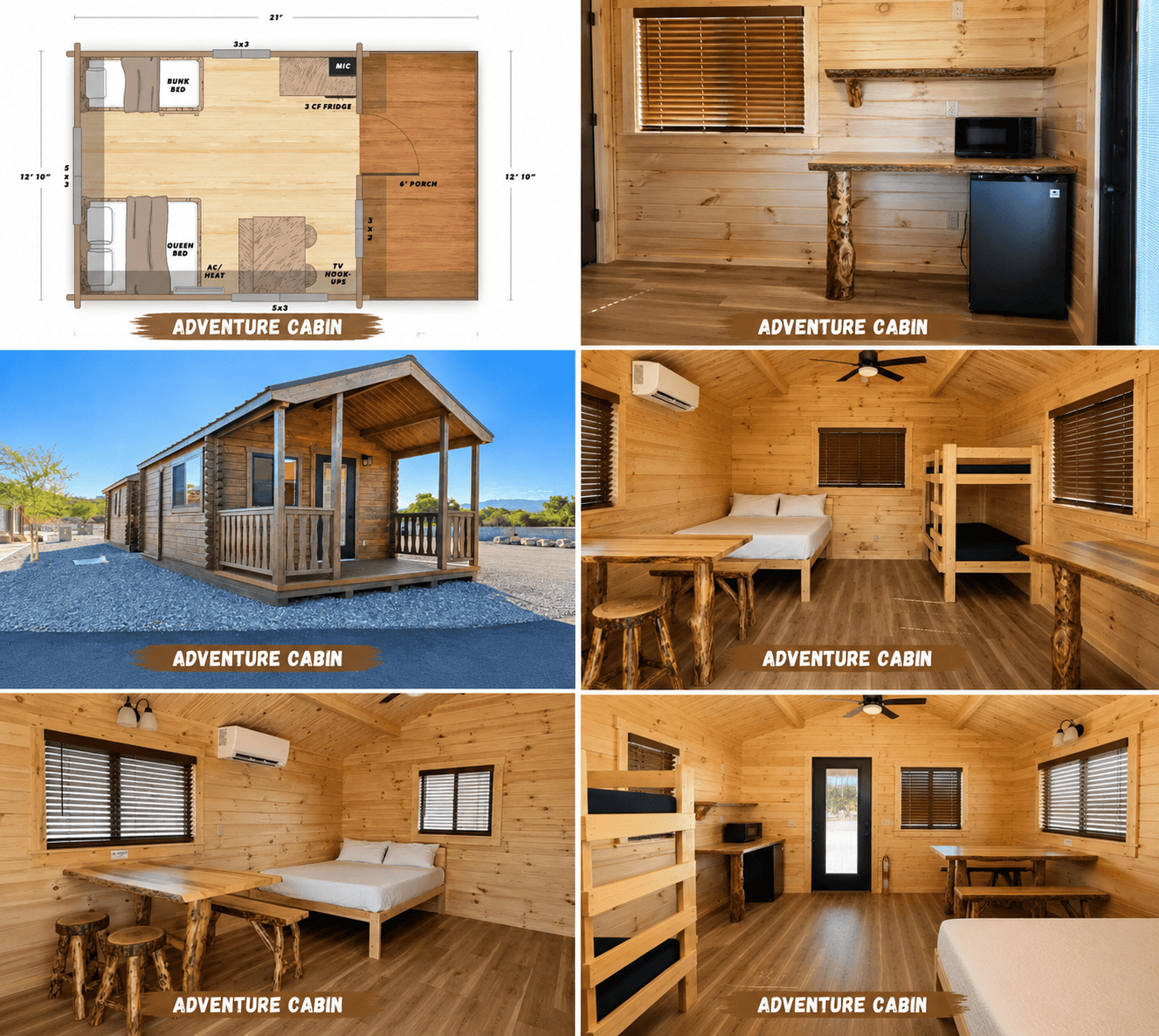 Adventure cabin exterior and interior views