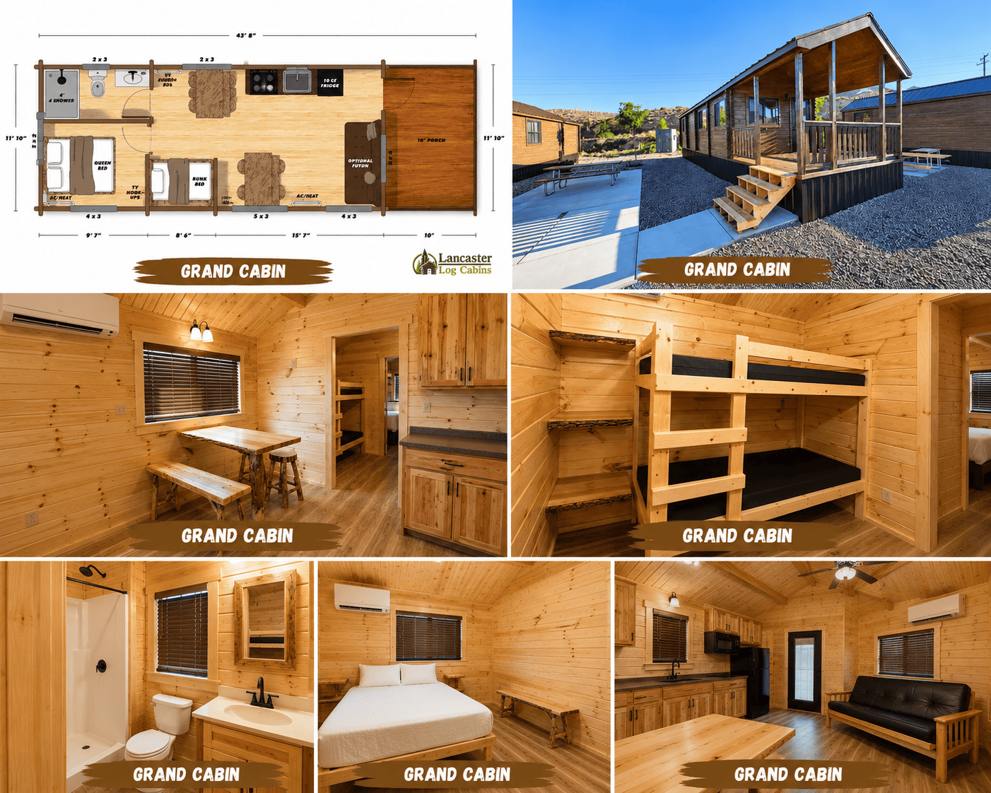 Wooden cabin interior and exterior views